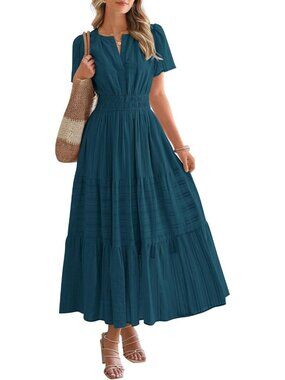 Women's Lake Blue 100%Cotton V Neck Elastic Waist Boho Beach Casual MIDI Dresses